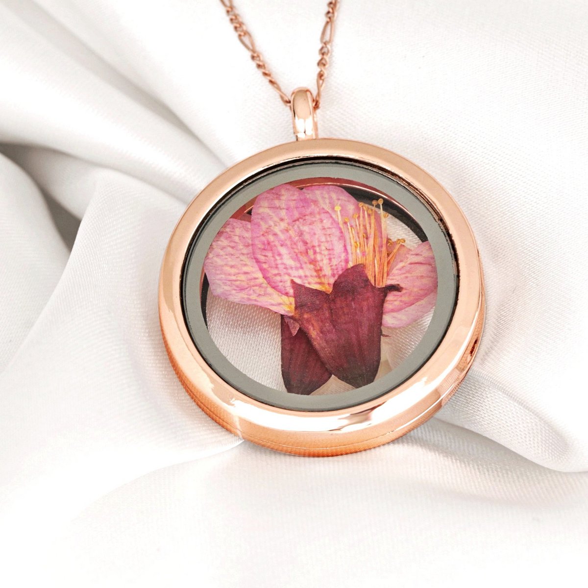 Japanische Kirschblüte Medaillon - 925 Sterling Rosegold Vergoldete Kette Sakura Anhänger - K925-11