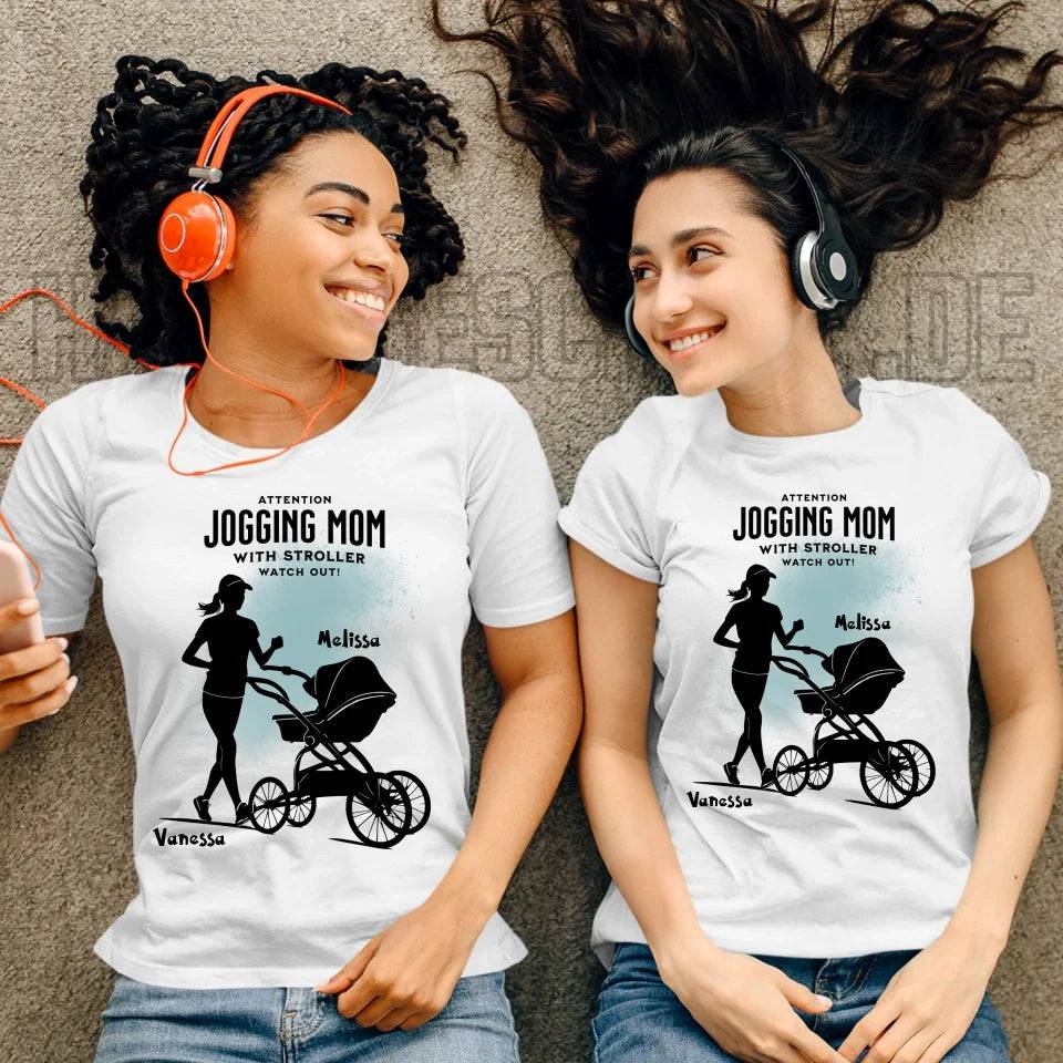 Jogging Mom mit Kinderwagen • Mama + Text • Wunschnamen • Ladies Premium T-Shirt XS-2XL aus Bio-Baumwolle für Damen • Exklusivdesign • personalisiert