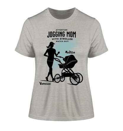 Jogging Mom mit Kinderwagen • Mama + Text • Wunschnamen • Ladies Premium T-Shirt XS-2XL aus Bio-Baumwolle für Damen • Exklusivdesign • personalisiert