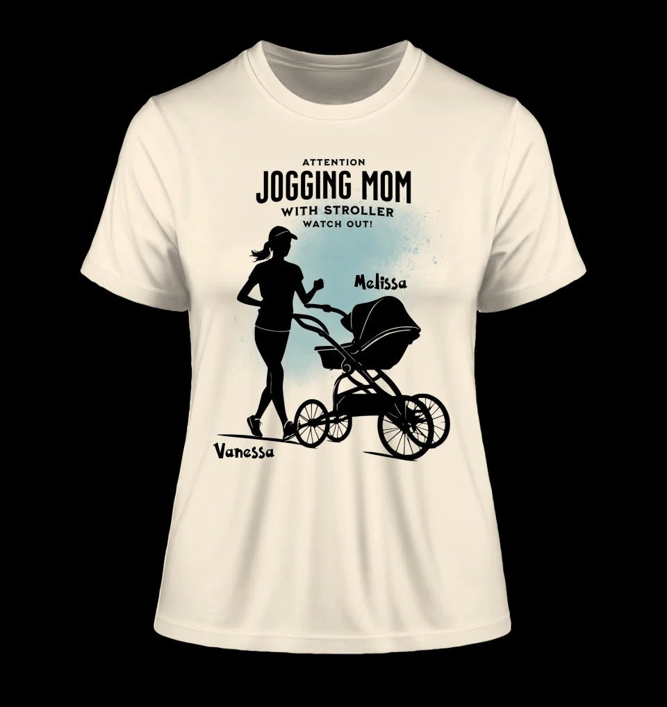 Jogging Mom mit Kinderwagen • Mama + Text • Wunschnamen • Ladies Premium T-Shirt XS-2XL aus Bio-Baumwolle für Damen • Exklusivdesign • personalisiert