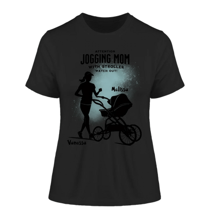 Jogging Mom mit Kinderwagen • Mama + Text • Wunschnamen • Ladies Premium T-Shirt XS-2XL aus Bio-Baumwolle für Damen • Exklusivdesign • personalisiert