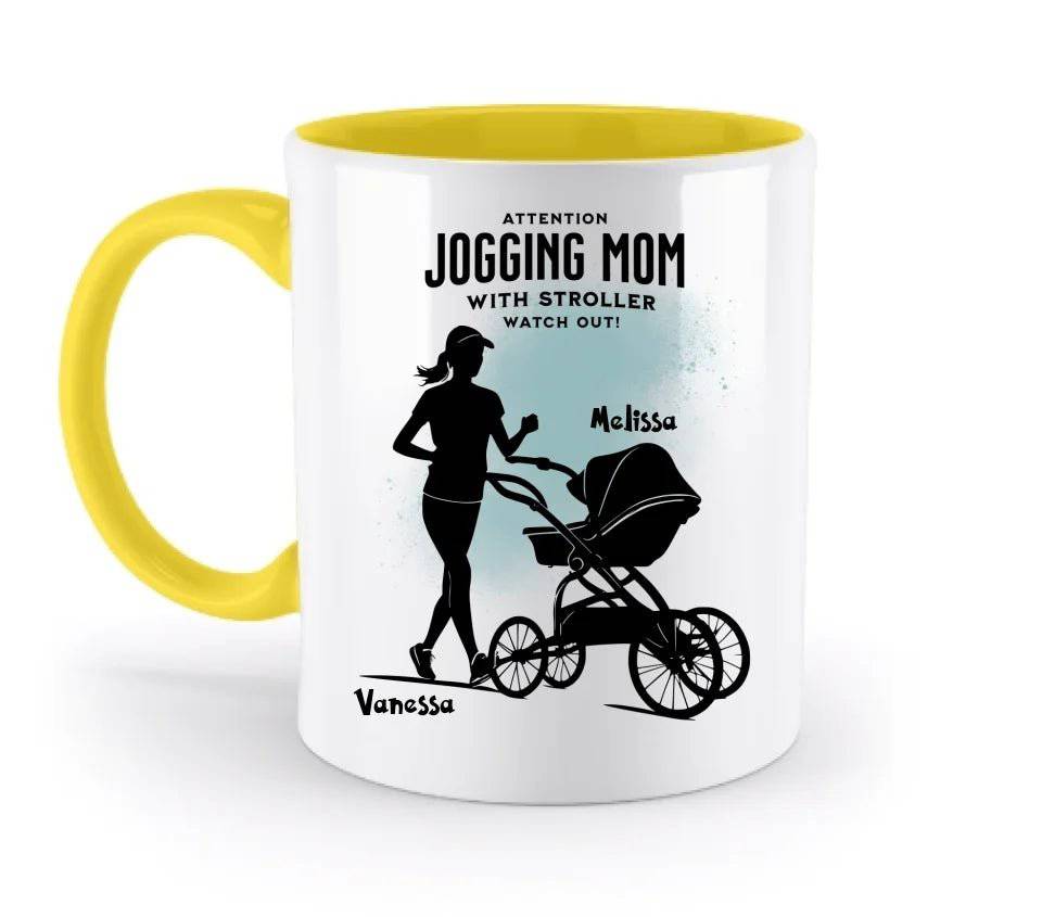 Jogging Mom mit Kinderwagen • Mama + Text • Wunschnamen • zweifarbige Tasse spülmaschinengeeignet • Exklusivdesign • personalisiert