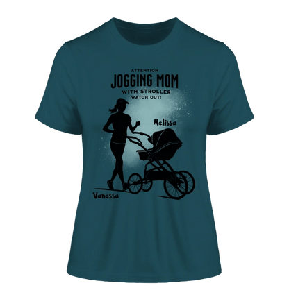 Jogging Mom mit Kinderwagen • Mama + Text • Wunschnamen • Ladies Premium T-Shirt XS-2XL aus Bio-Baumwolle für Damen • Exklusivdesign • personalisiert