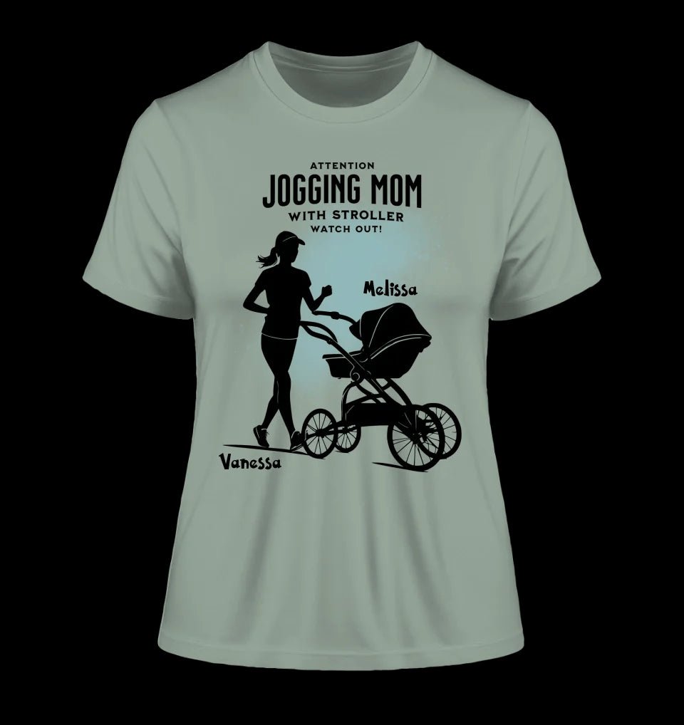 Jogging Mom mit Kinderwagen • Mama + Text • Wunschnamen • Ladies Premium T-Shirt XS-2XL aus Bio-Baumwolle für Damen • Exklusivdesign • personalisiert