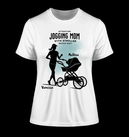 Jogging Mom mit Kinderwagen • Mama + Text • Wunschnamen • Ladies Premium T-Shirt XS-2XL aus Bio-Baumwolle für Damen • Exklusivdesign • personalisiert