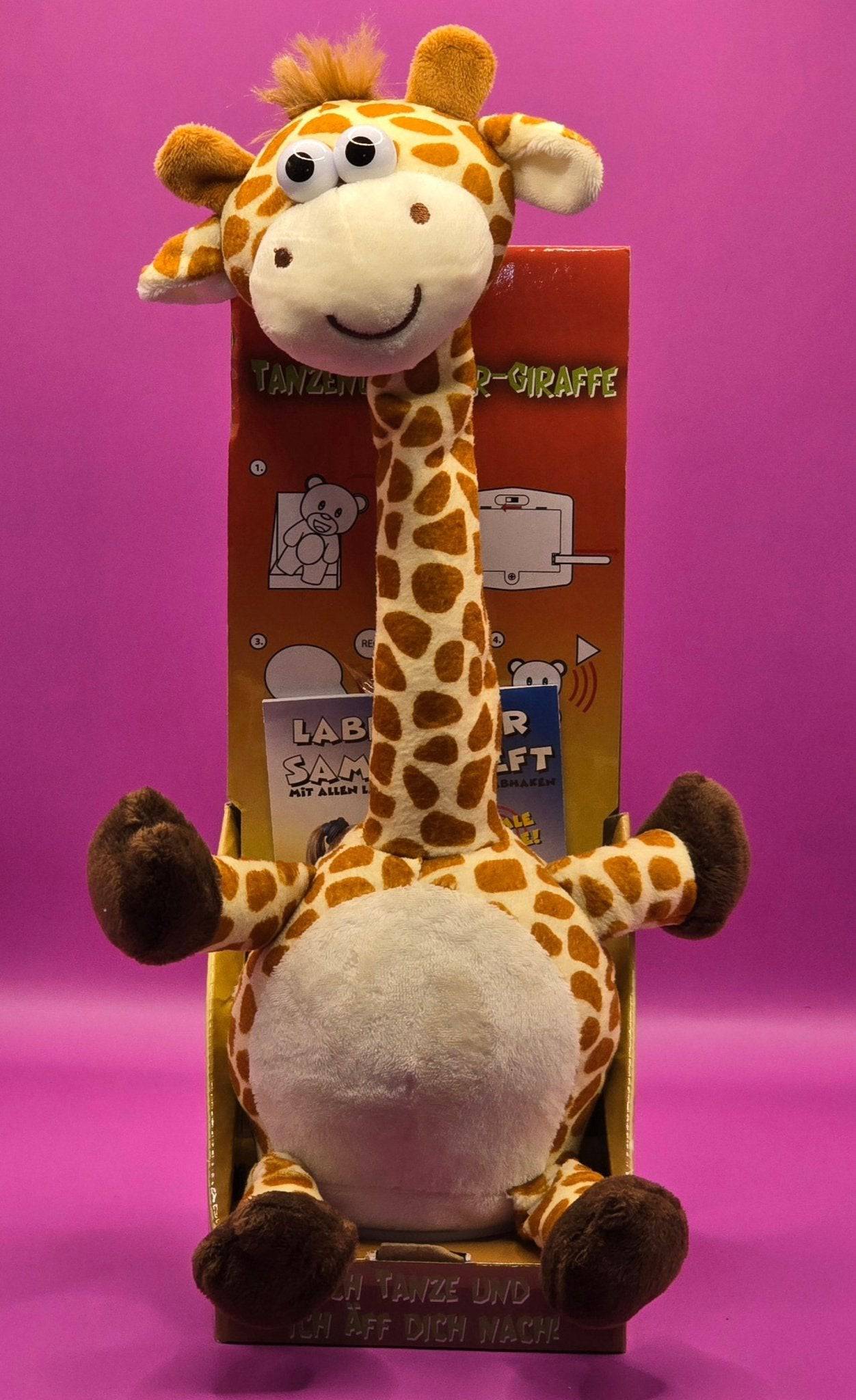 Lustige Laber-Giraffe GERTRUD, die alles nachplappert • tanzender Hals • inkl. Batterien • 9x30 cm • Labertiere