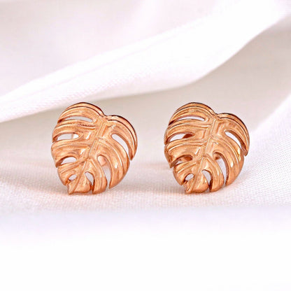 Monstera Blatt Ohrstecker - 925 Sterling Rosegold Vergoldet - Exotische Blätter Schmuck - OHR925-89