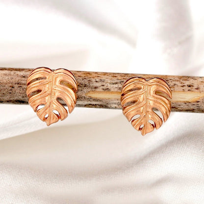 Monstera Blatt Ohrstecker - 925 Sterling Rosegold Vergoldet - Exotische Blätter Schmuck - OHR925-89