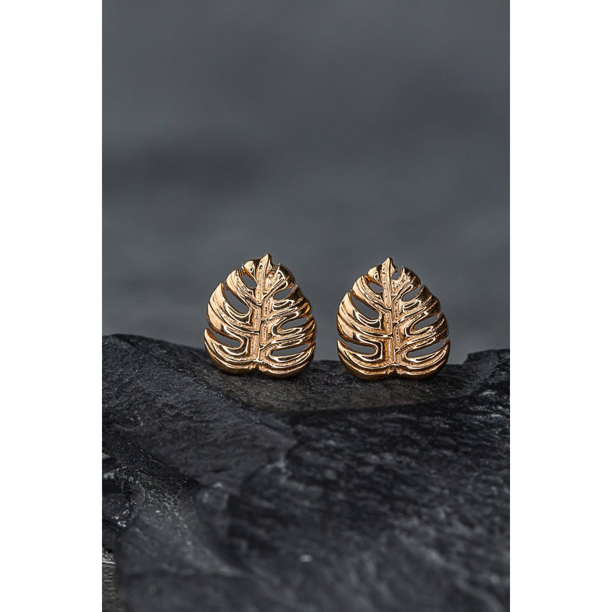 Monstera Blatt Ohrstecker - 925 Sterling Rosegold Vergoldet - Exotische Blätter Schmuck - OHR925-89