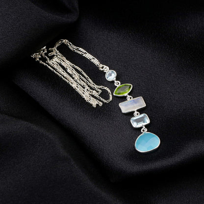 Multi Edelstein Anhänger - 925 Sterling Silber Halskette mit Aquamarin, Chalcedon, Peridot, Mondstein und Bergkristall - K925-26