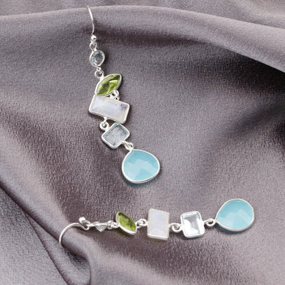 Multi Edelstein Ohrringe - 925 Sterling Silber - Bergkristall, Aquamarin, Mondstein, Peridot, Chalcedon - OHR925-55