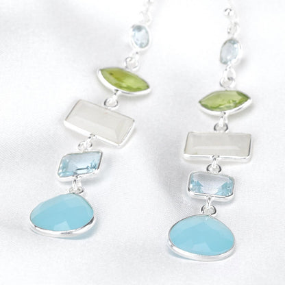 Multi Edelstein Ohrringe - 925 Sterling Silber - Bergkristall, Aquamarin, Mondstein, Peridot, Chalcedon - OHR925-55