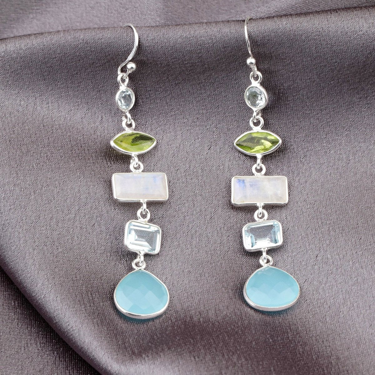 Multi Edelstein Ohrringe - 925 Sterling Silber - Bergkristall, Aquamarin, Mondstein, Peridot, Chalcedon