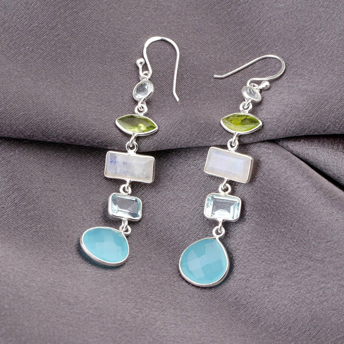 Multi Edelstein Ohrringe - 925 Sterling Silber - Bergkristall, Aquamarin, Mondstein, Peridot, Chalcedon