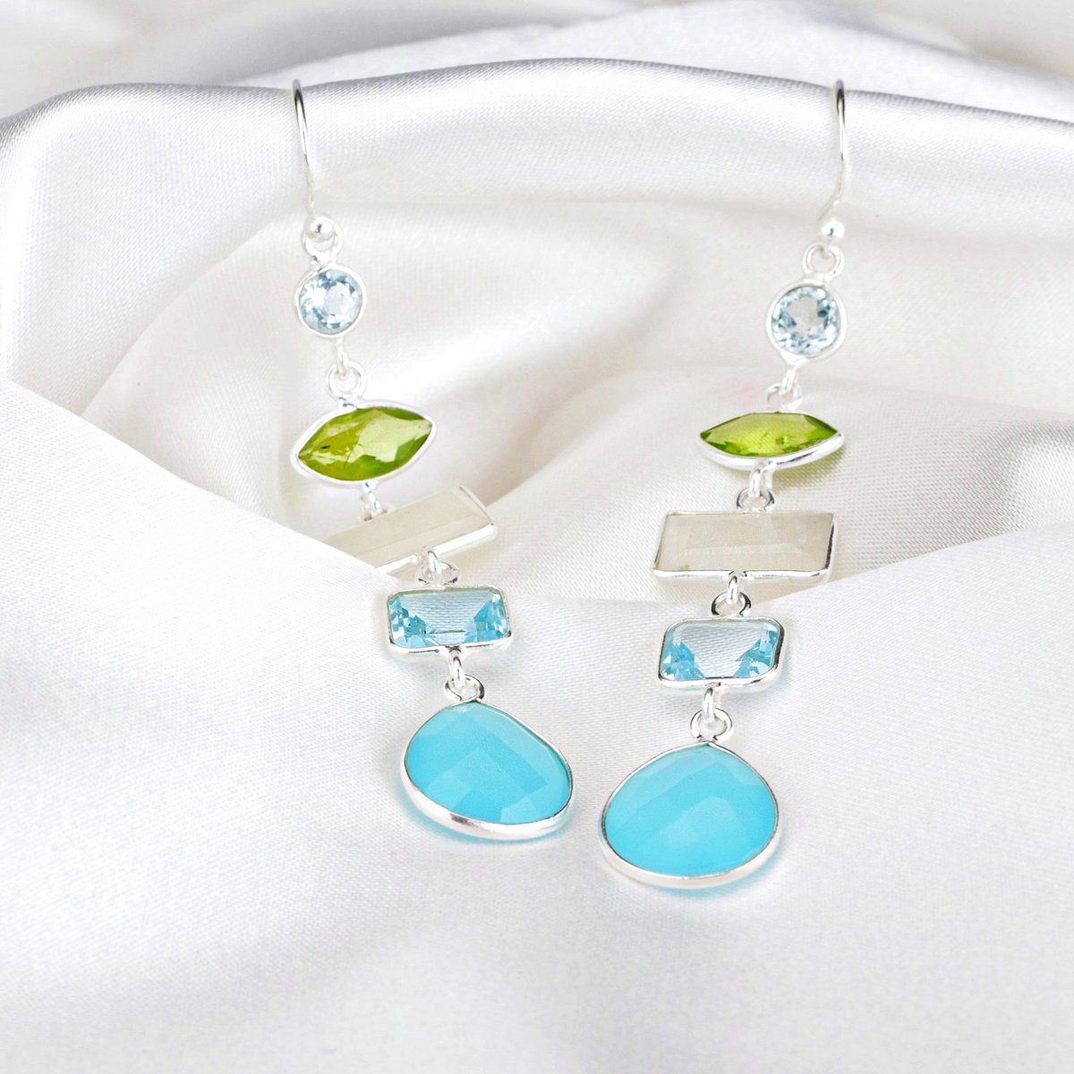 Multi Edelstein Ohrringe - 925 Sterling Silber - Bergkristall, Aquamarin, Mondstein, Peridot, Chalcedon