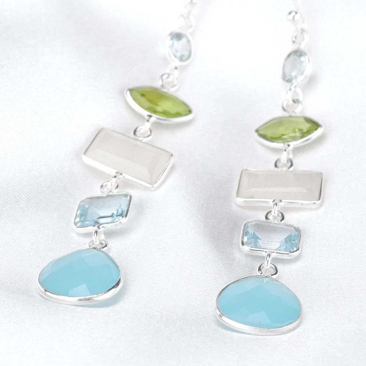 Multi Edelstein Ohrringe - 925 Sterling Silber - Bergkristall, Aquamarin, Mondstein, Peridot, Chalcedon