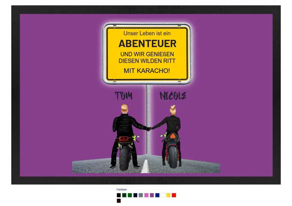 Ortsschild-Designer mit Motorrad-Couple • Fußmatte mit Gummirand 60x40 cm in 12 Farben