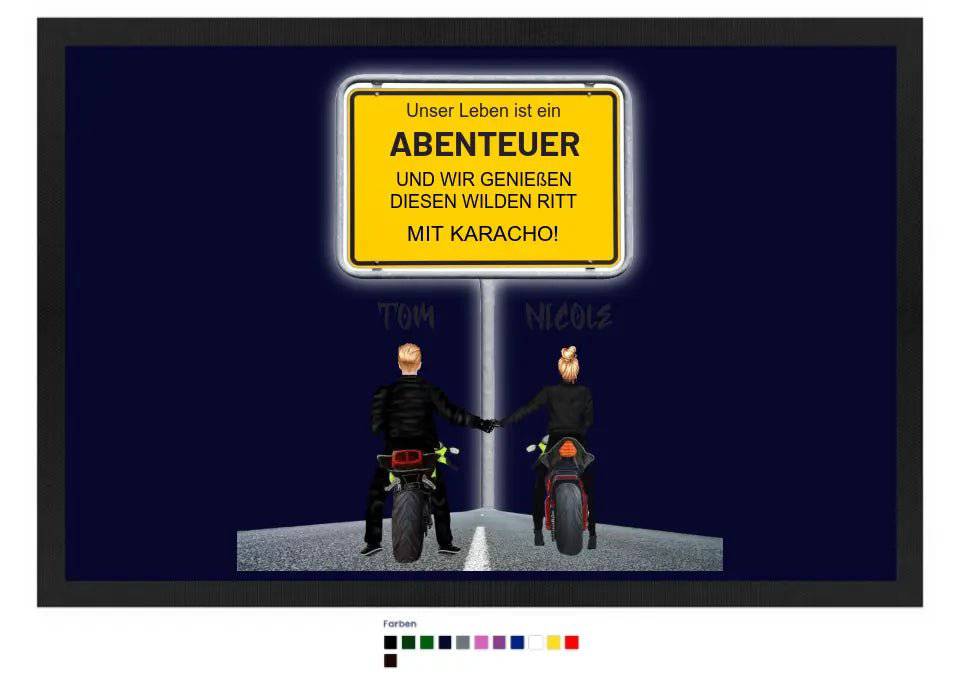 Ortsschild-Designer mit Motorrad-Couple • Fußmatte mit Gummirand 60x40 cm in 12 Farben