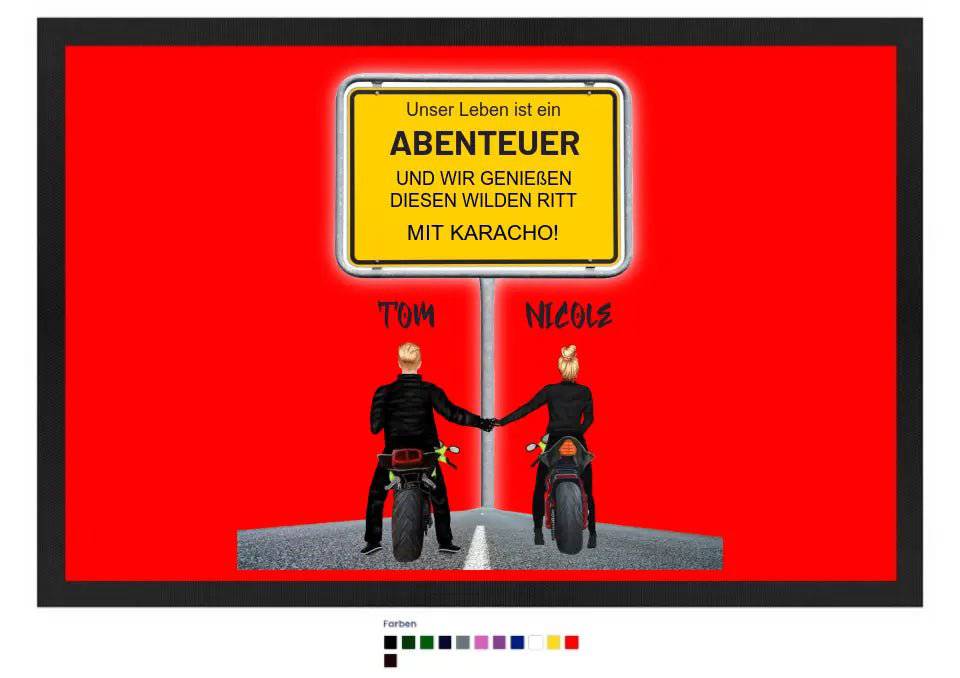 Ortsschild-Designer mit Motorrad-Couple • Fußmatte mit Gummirand 60x40 cm in 12 Farben