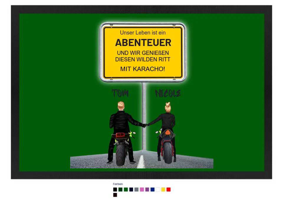 Ortsschild-Designer mit Motorrad-Couple • Fußmatte mit Gummirand 60x40 cm in 12 Farben