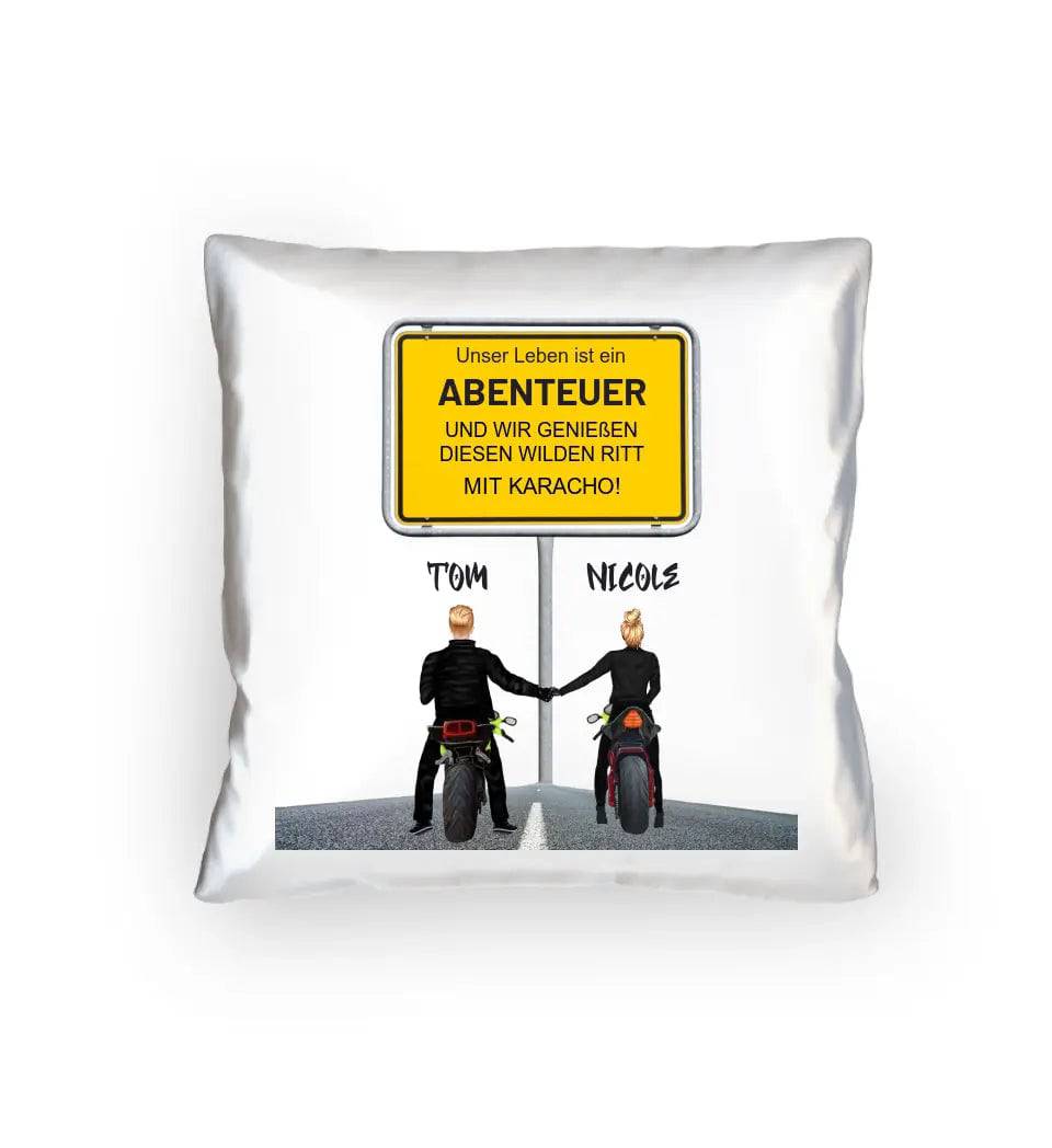 Ortsschild-Designer mit Motorrad-Couple • Kissen 40x40 cm