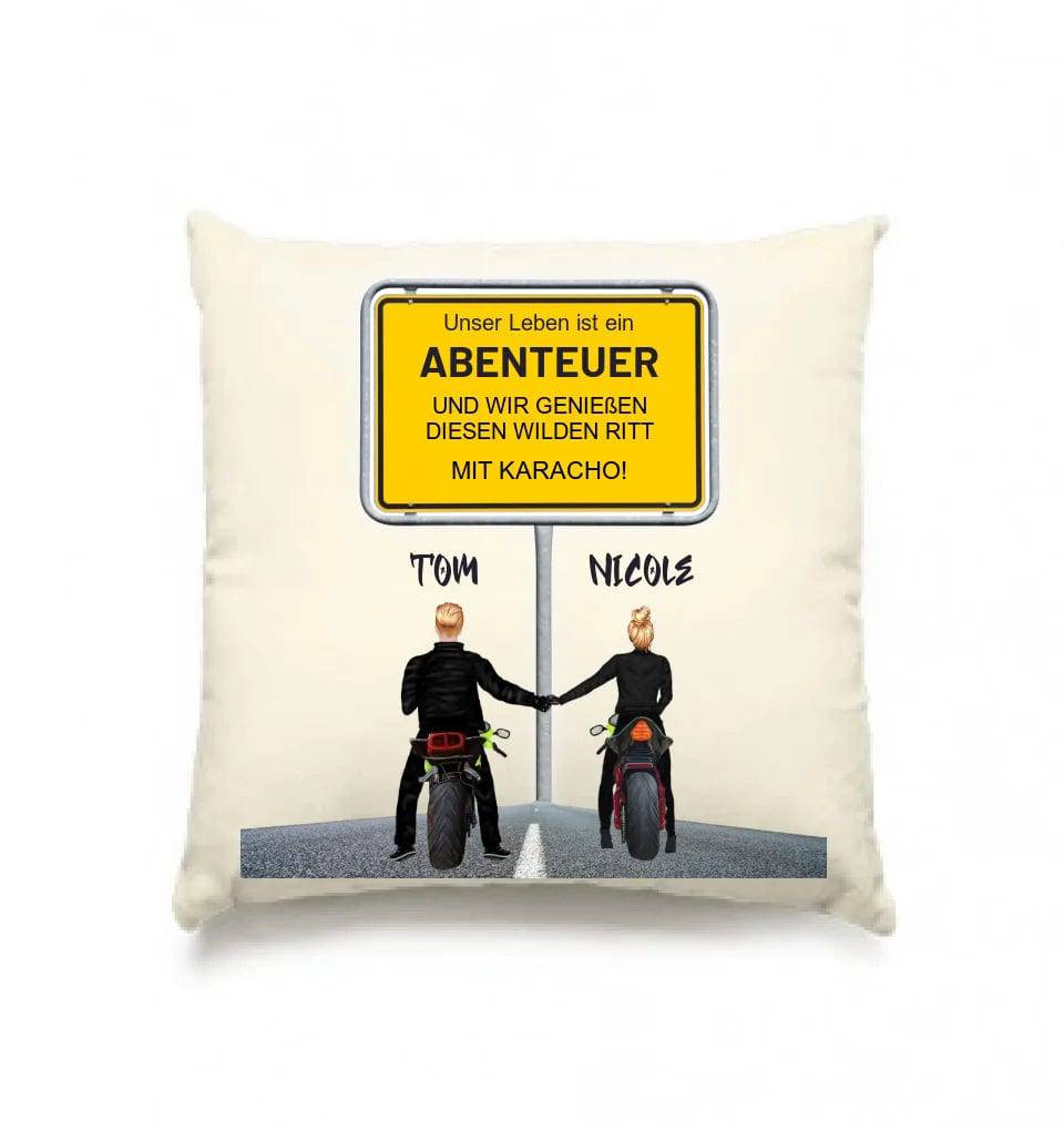 Ortsschild-Designer mit Motorrad-Couple • Kissen 40x40 cm