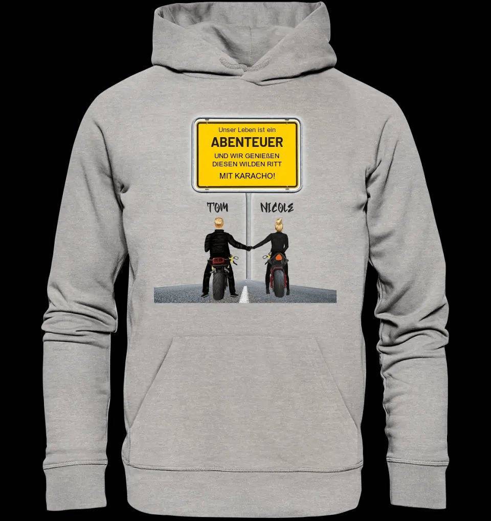 Ortsschild-Designer mit Motorrad-Couple • Unisex Premium Hoodie XS-5XL aus Bio-Baumwolle für Damen & Herren