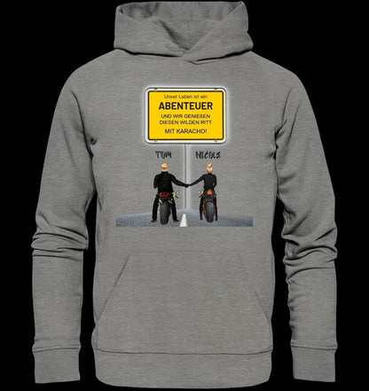 Ortsschild-Designer mit Motorrad-Couple • Unisex Premium Hoodie XS-5XL aus Bio-Baumwolle für Damen & Herren