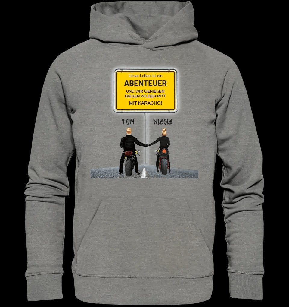 Ortsschild-Designer mit Motorrad-Couple • Unisex Premium Hoodie XS-5XL aus Bio-Baumwolle für Damen & Herren