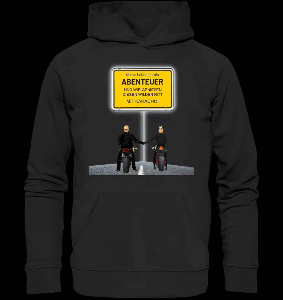 Ortsschild-Designer mit Motorrad-Couple • Unisex Premium Hoodie XS-5XL aus Bio-Baumwolle für Damen & Herren