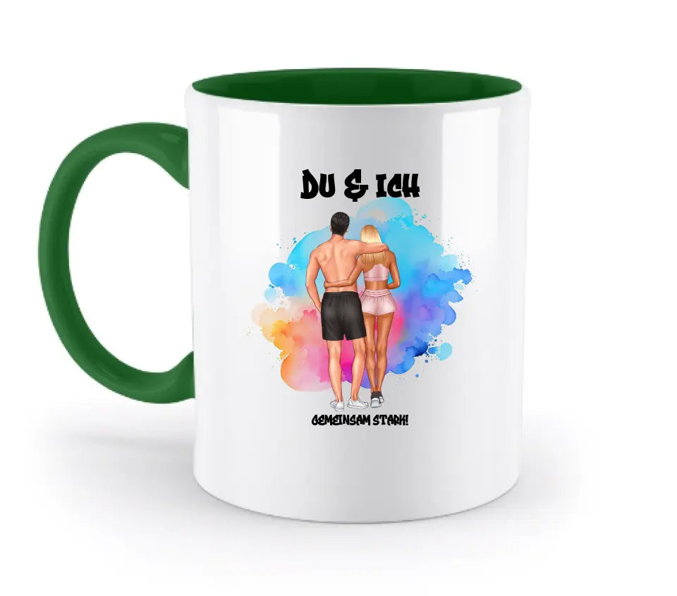 Paar Designer Fitness Couple, personalisierbar: Zweifarbige Tasse 330ml mit farbigem Innendruck