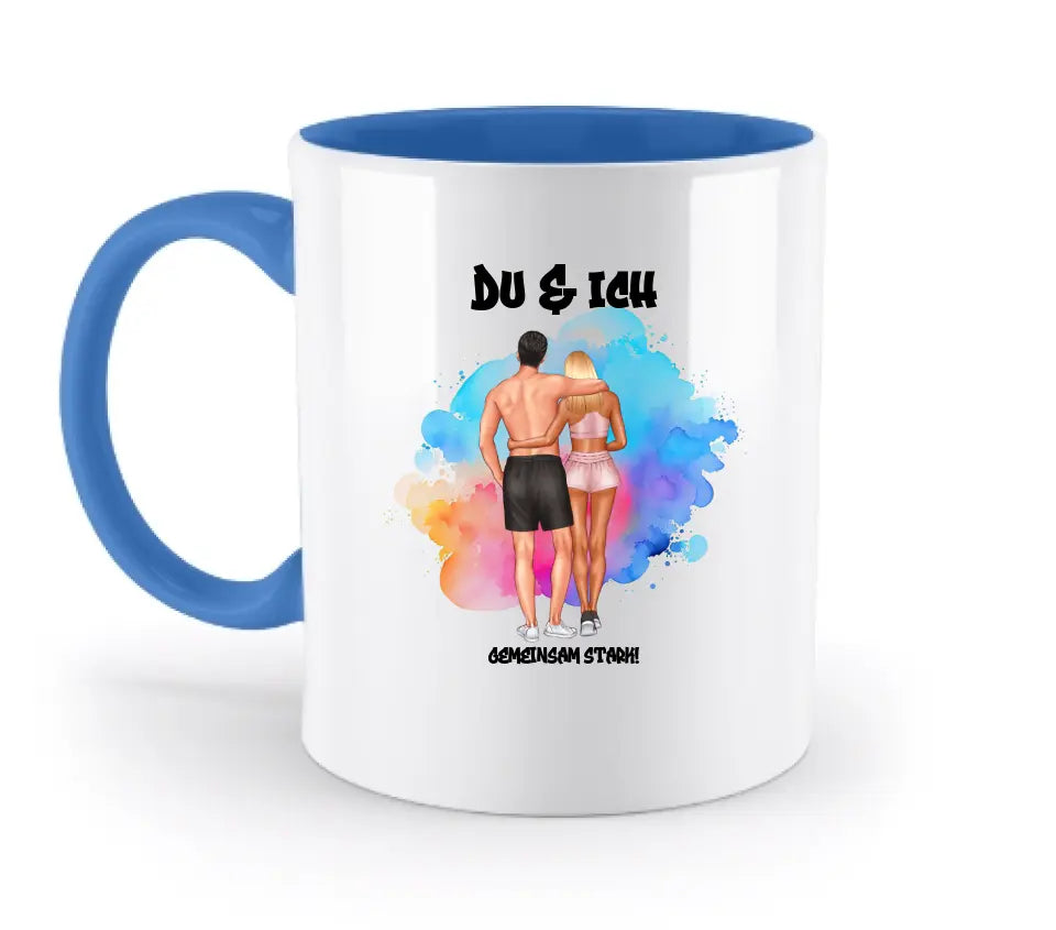 Paar Designer Fitness Couple, personalisierbar: Zweifarbige Tasse 330ml mit farbigem Innendruck