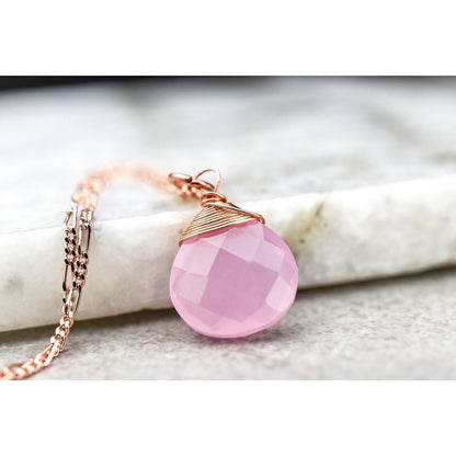 Rosenquarz Tropfen Kette 925 Sterling Rosegold Vergoldete Rosa Edelstein Aura Halskette K925-71