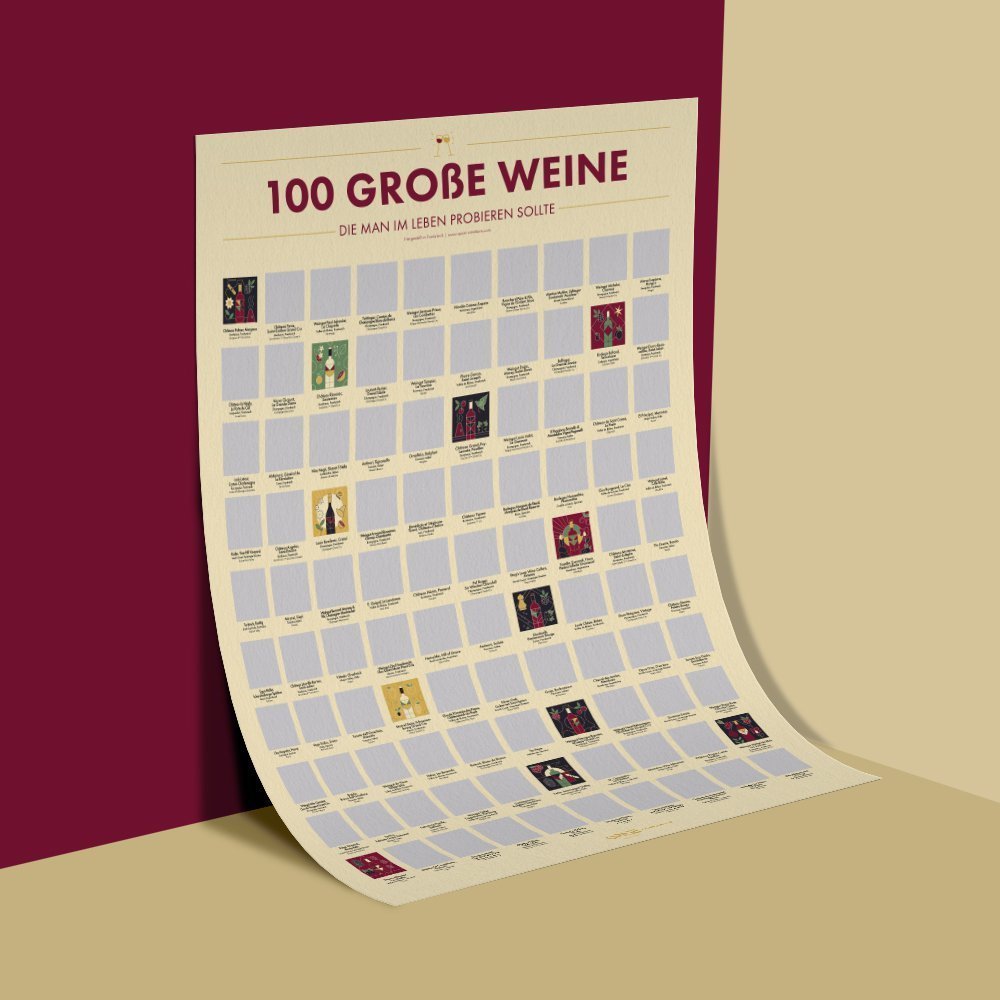 🇩🇪 Rubbelposter: 100 große und bekannte Weine, die man im Leben probiert haben sollte... mit Kunst von Nathan Serval