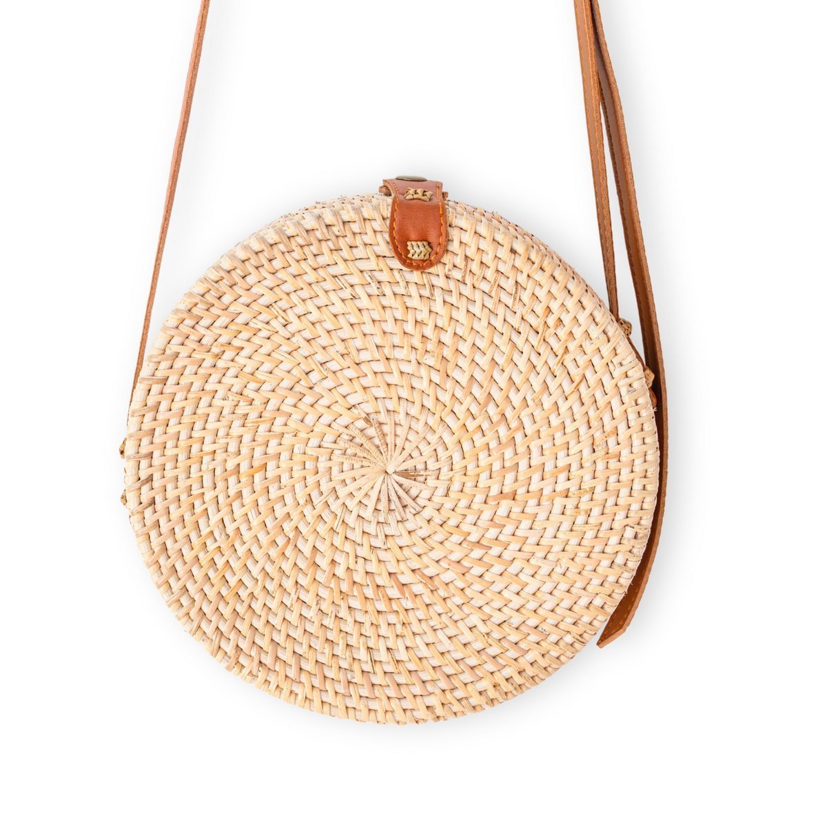 Runde Rattantasche Beige handgemachte Umhängetasche mit Kunstlederriemen Umhängetasche Boho Bali Tasche SENJA natur