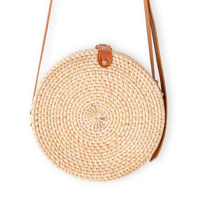 Runde Rattantasche Beige handgemachte Umhängetasche mit Kunstlederriemen Umhängetasche Boho Bali Tasche SENJA natur