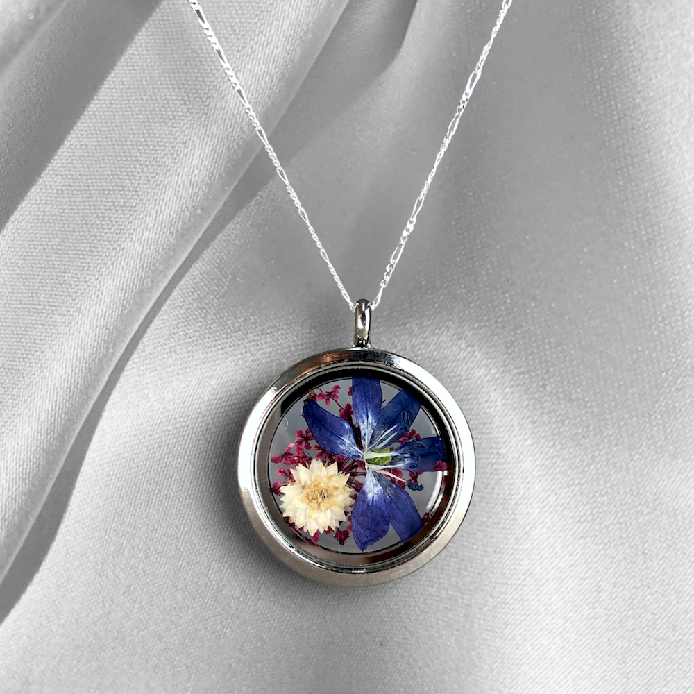 Sternblüte & Chrysantheme & Dillblüte 925 Sterling Silber Medaillonkette - K925-95