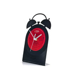 Schwarze schallplattentischuhr wecker mit roter vinyl-platten-zeitanzeige und cbs-logo im vintage-plattenspieler-design