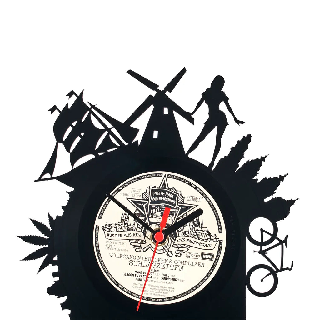 Schallplattentischuhr Amsterdam aus schwarzer Vinyl mit weißem Mittelpunkt und roten zeigern, windmühlen silhouetten