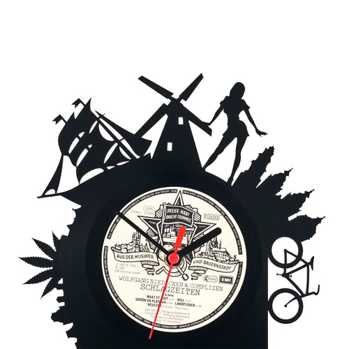 Schallplattentischuhr Amsterdam aus schwarzer Vinyl mit weißem Mittelpunkt und roten zeigern, windmühlen silhouetten