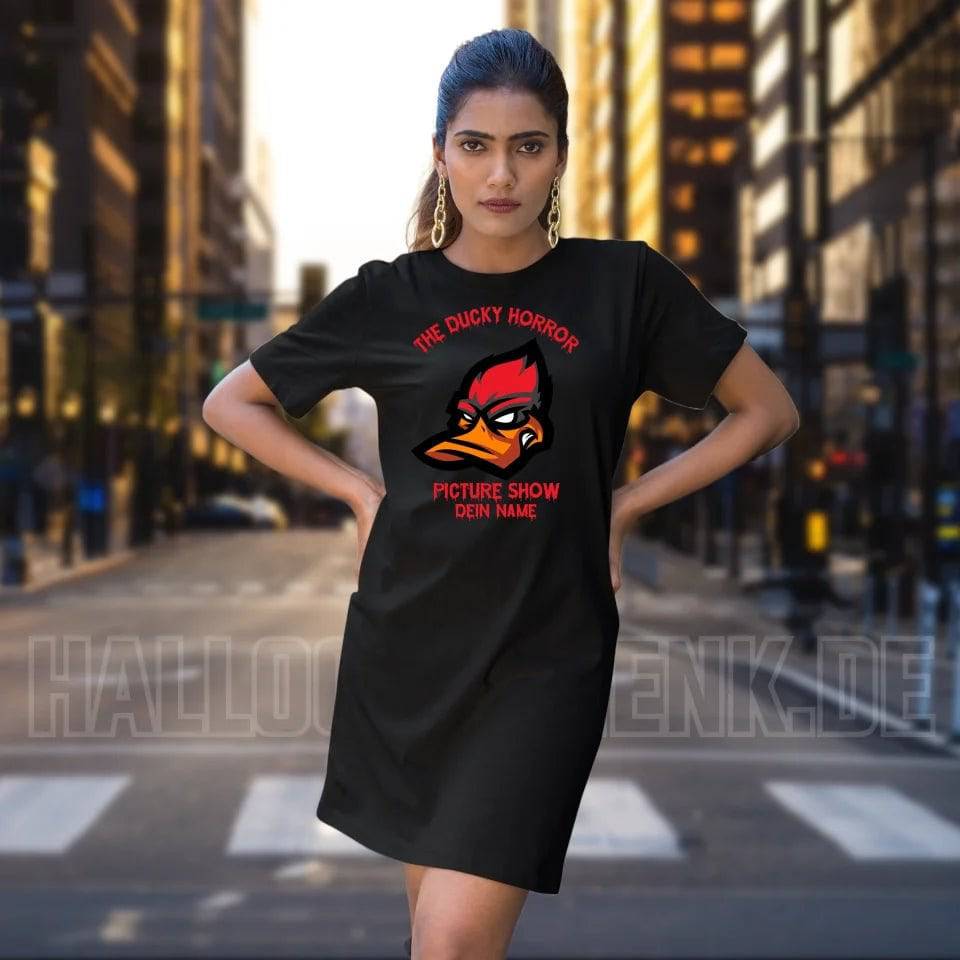 The Ducky Horror Picture Show + Name • Damen • Frau • Ladies Premium T-Shirt Kleid aus Bio-Baumwolle S-2XL • Exklusivdesign • personalisiert • Halloween