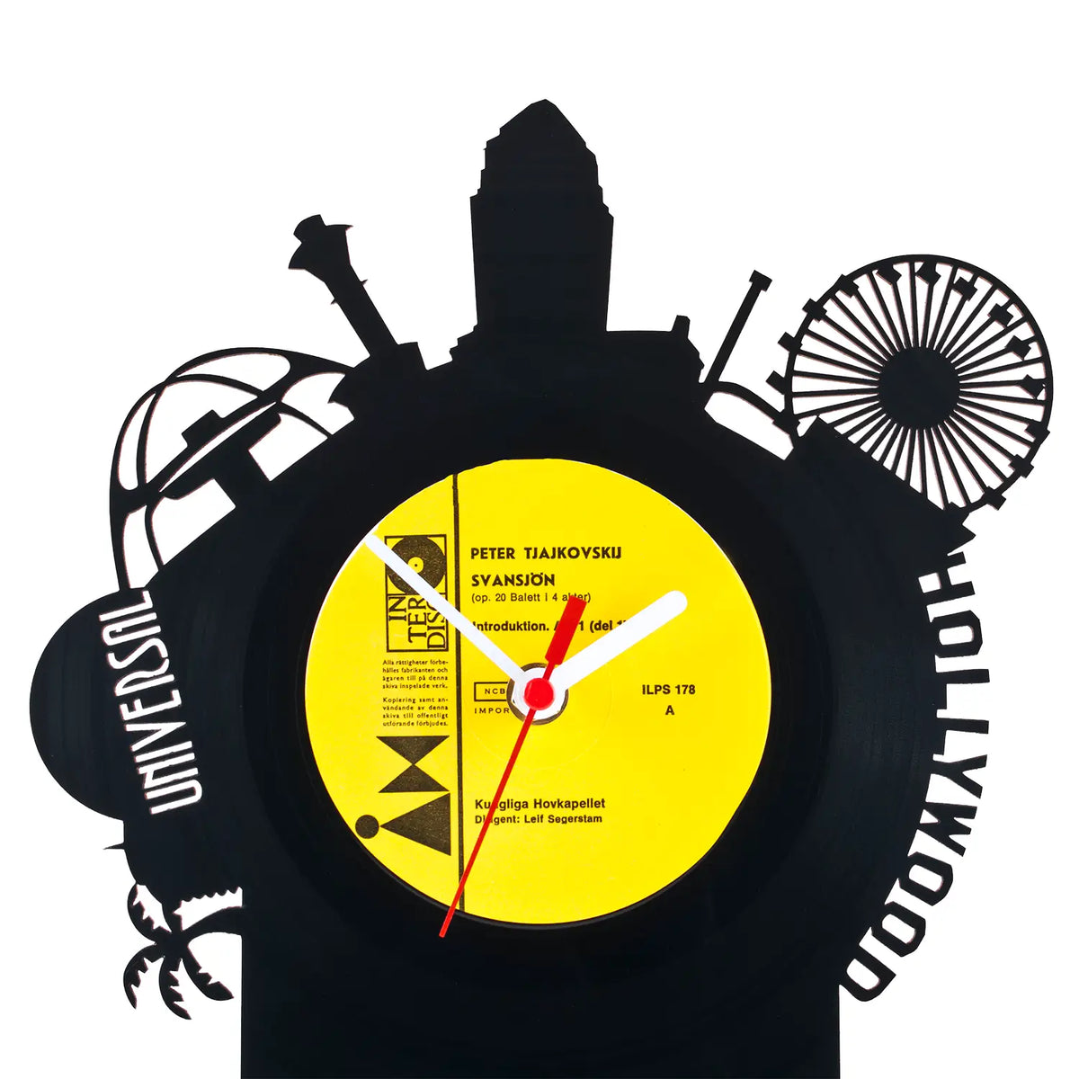 Schallplattentischuhr los angeles schwarze vinyluhr mit gelbem zentrum, weißen texten und musikinstrument schatten