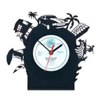 Black vinyl schallplattentischuhr miami mit vintage auto palmen und haussilhouetten aus schnittmuster