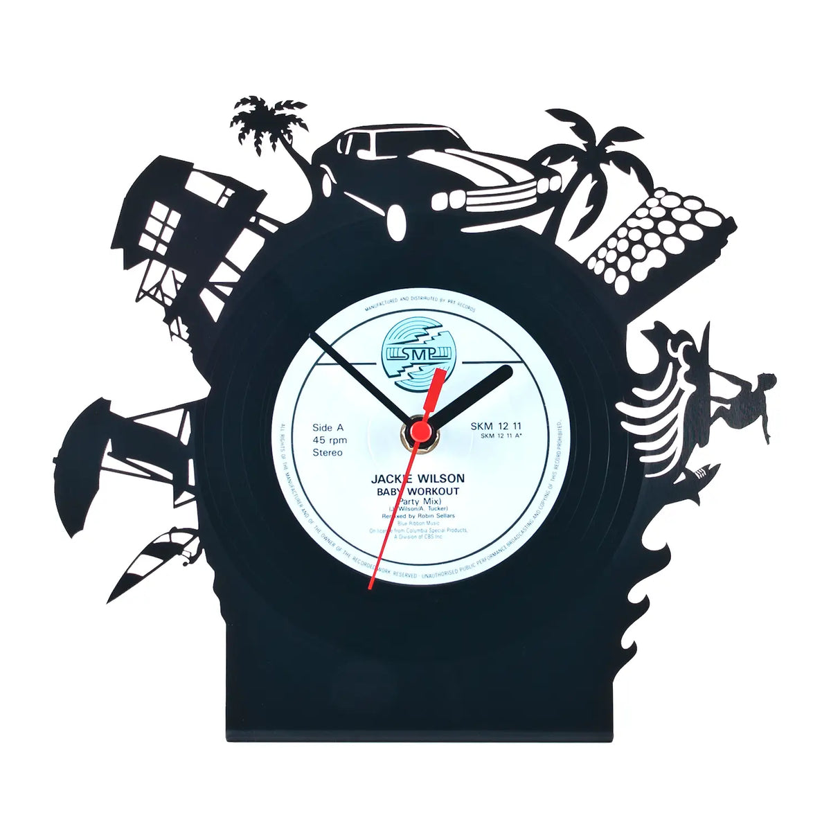 Black vinyl schallplattentischuhr miami mit vintage auto palmen und haussilhouetten aus schnittmuster