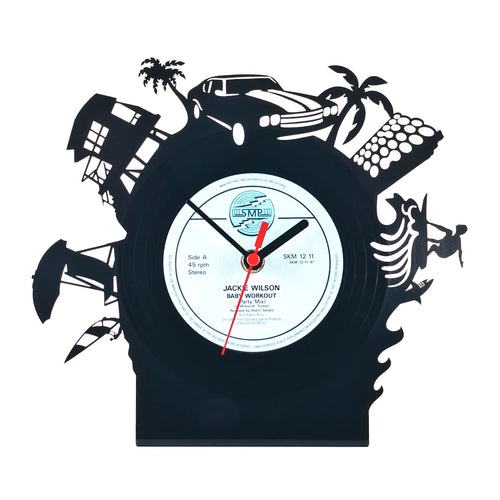 Black vinyl schallplattentischuhr miami mit vintage auto palmen und haussilhouetten aus schnittmuster