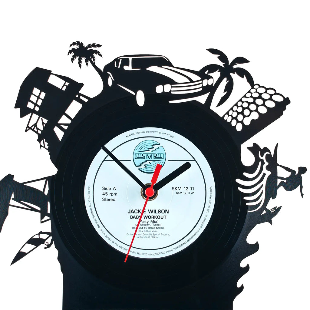 Schallplattentischuhr Miami aus schwarzer Vinyl mit rotem Zentrum und weißen Label baby workout von Jackie Wilson
