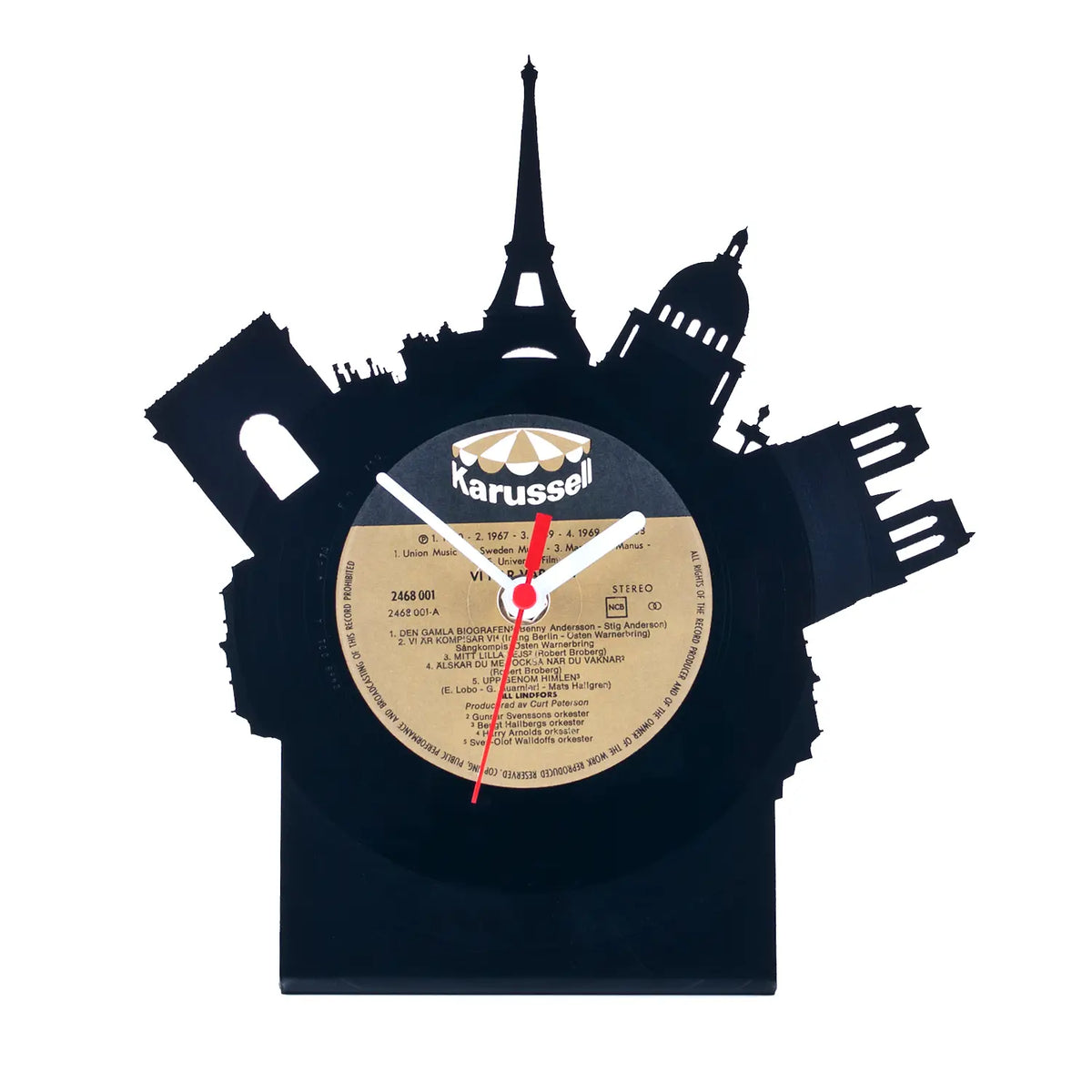 Schallplattentischuhr paris aus schwarzer vinyl mit vintage karussell label und pariser landmarken-silhouetten