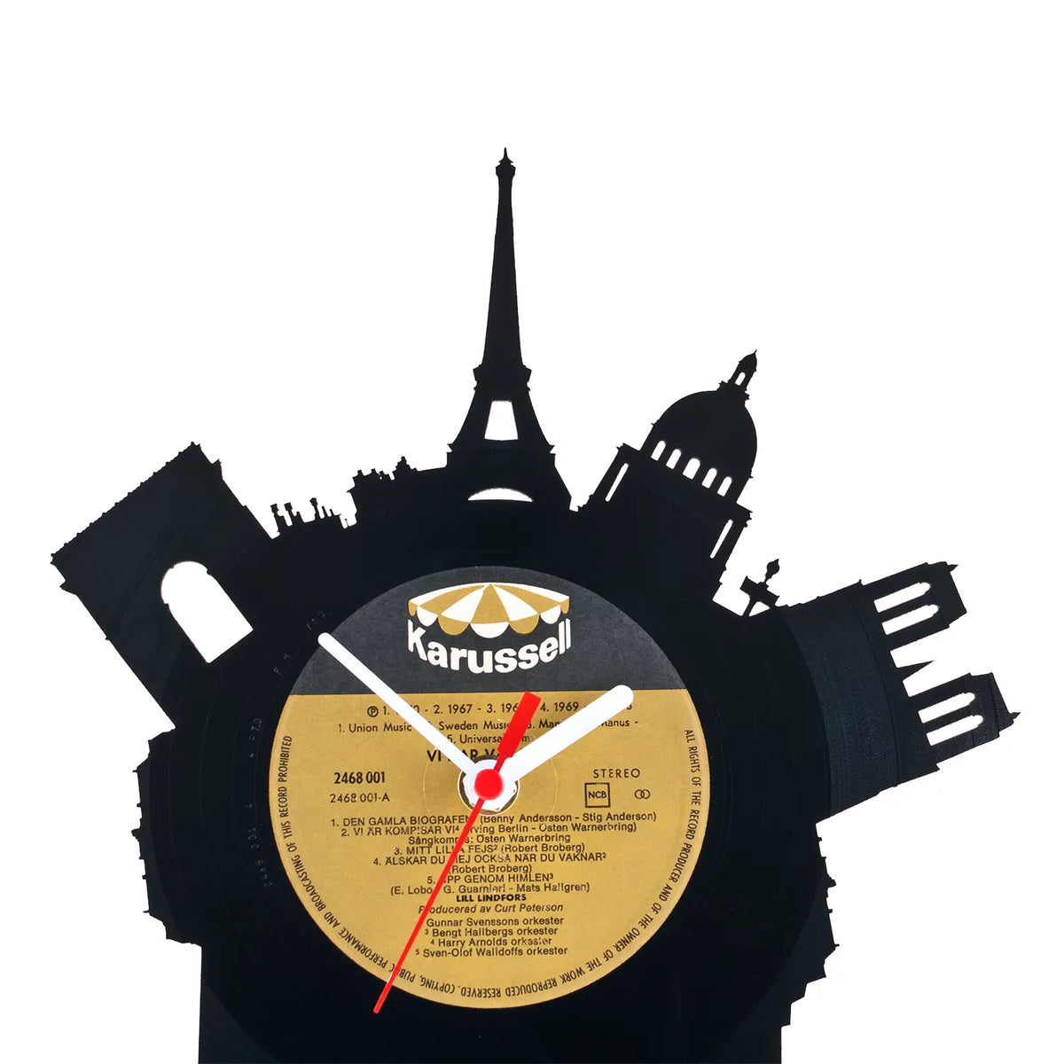 Black vinyl record clock with gold karussell label shaped like european landmarks for schallplattentischuhr paris