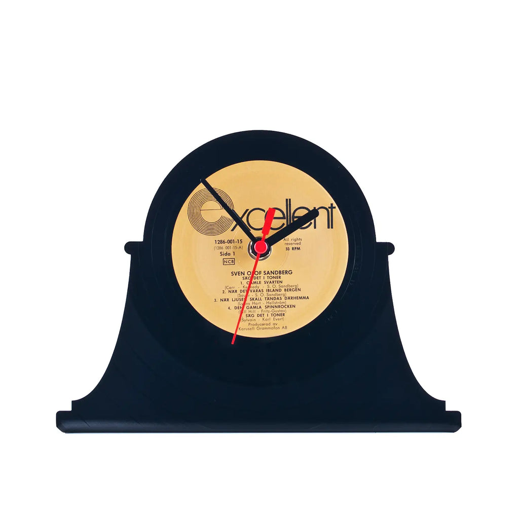 Navy blaue vinyl schallplattentischuhr retro mit gelbem etikett und roten zeigern aus kunststoff