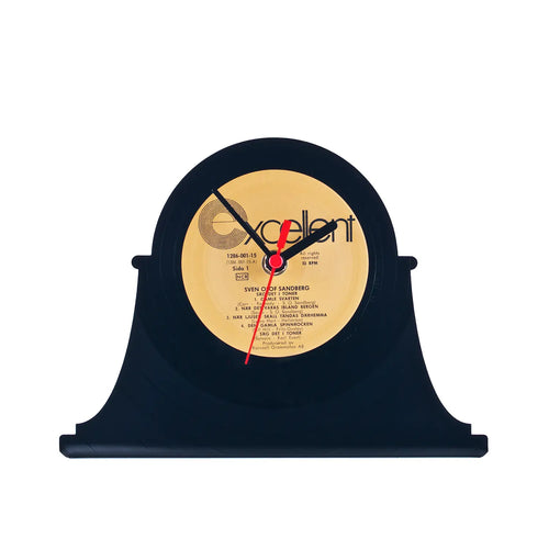 Navy blaue vinyl schallplattentischuhr retro mit gelbem etikett und roten zeigern aus kunststoff